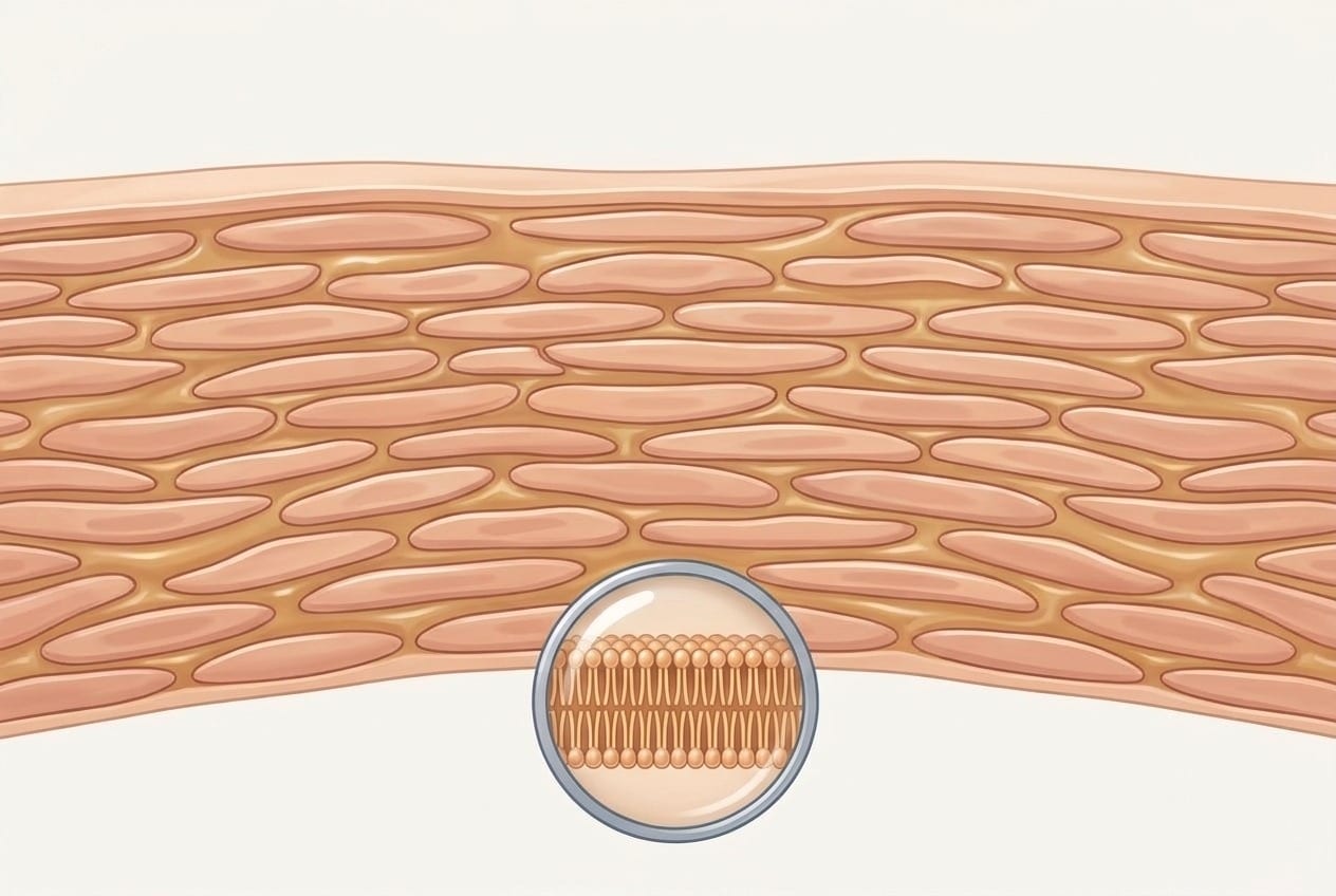 Corte de la capa externa de la piel: células planas apiladas (corneocitos) con un cemento lipídico continuo entre ellas; una lente magnifica la bicapa lamelar de ese cemento.
