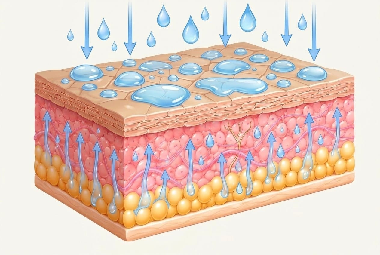 Corte de piel en perspectiva: el agua desciende del aire seco, asciende de las capas profundas y queda retenida en el estrato córneo (superficie).