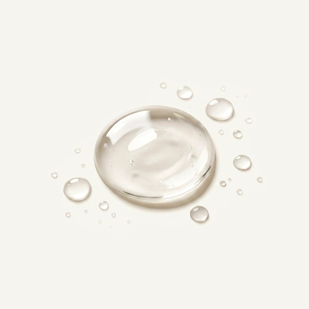 Gota de gel de glicerina sobre una superficie marfil, con gotas de agua alrededor