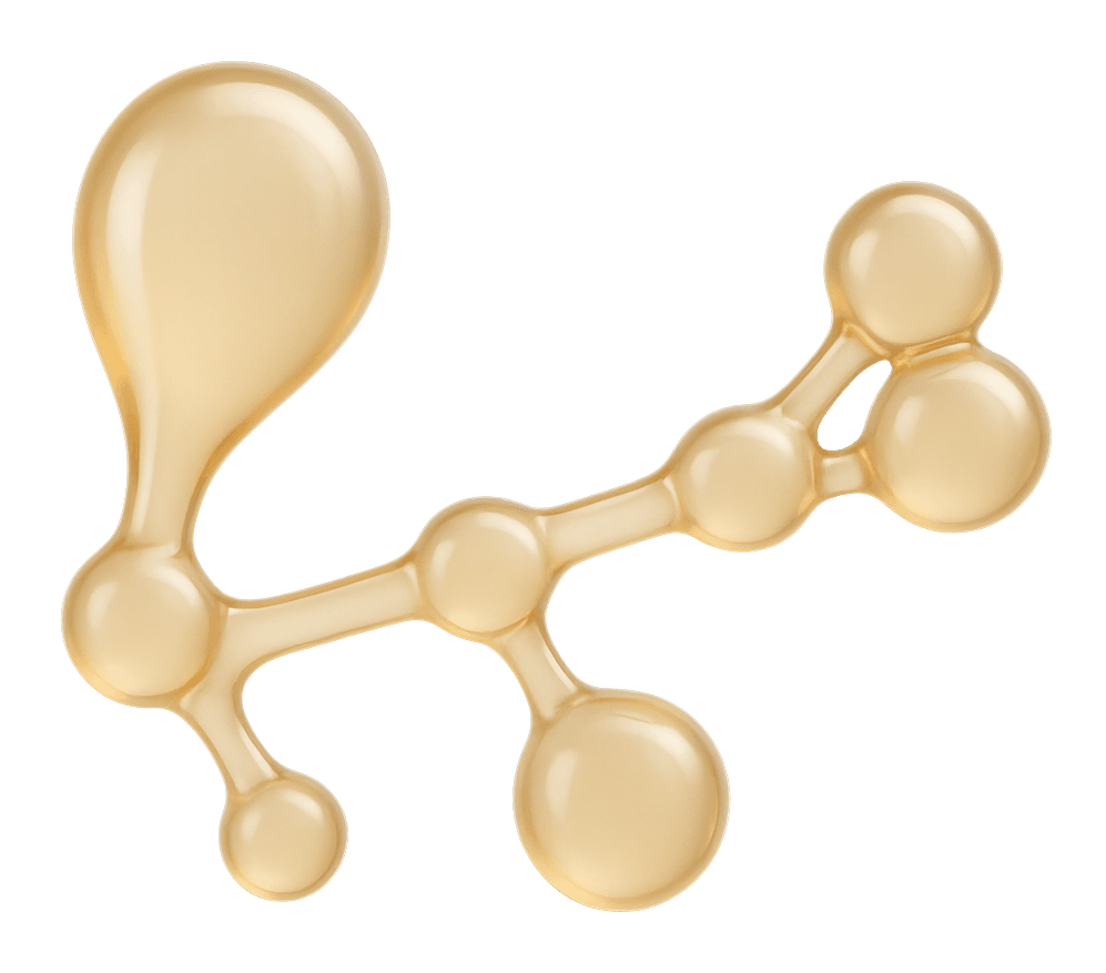 Ilustración de una forma molecular ámbar y translúcida que representa el retinol