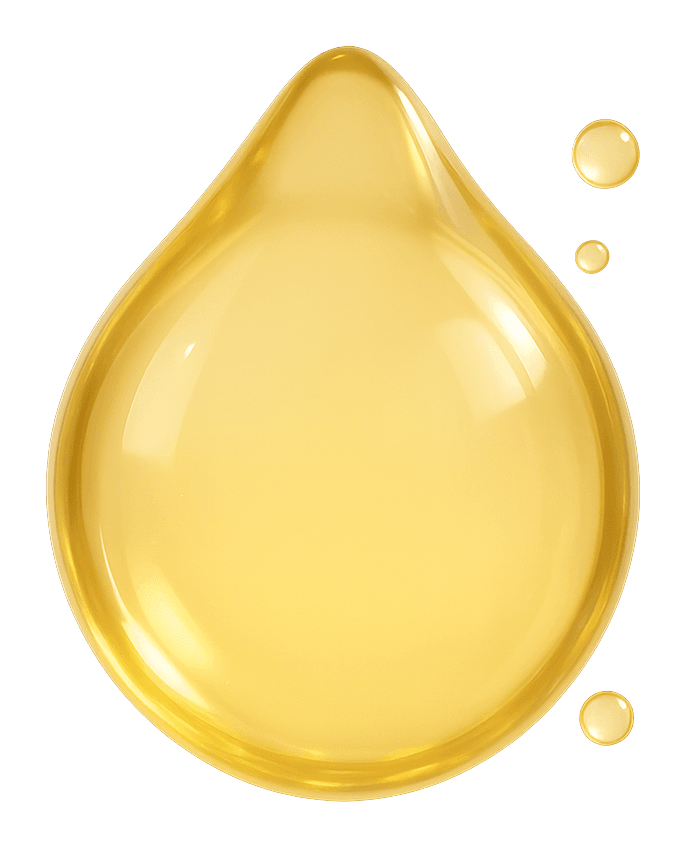 Ilustración de una gota de aceite translúcida y luminosa, de tono miel claro a dorado pálido