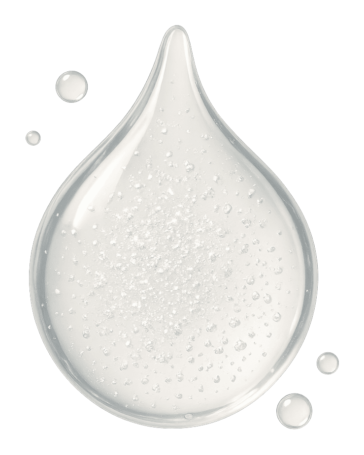 Ilustración de una gota translúcida e incolora con finos gránulos cristalinos brillantes