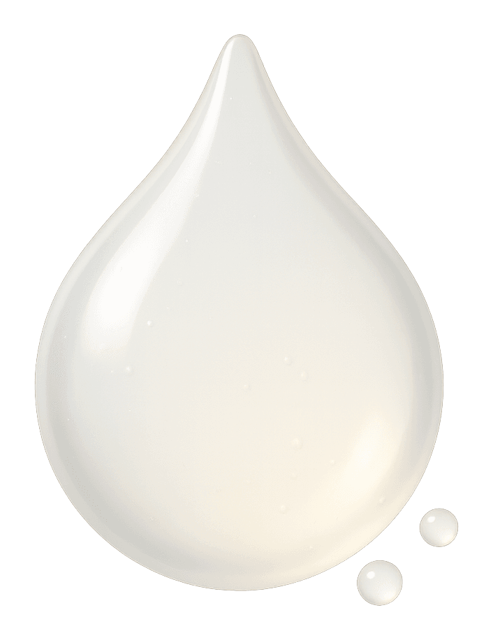 Ilustración de una gota de suero translúcida y sedosa, blanco lechoso muy tenue