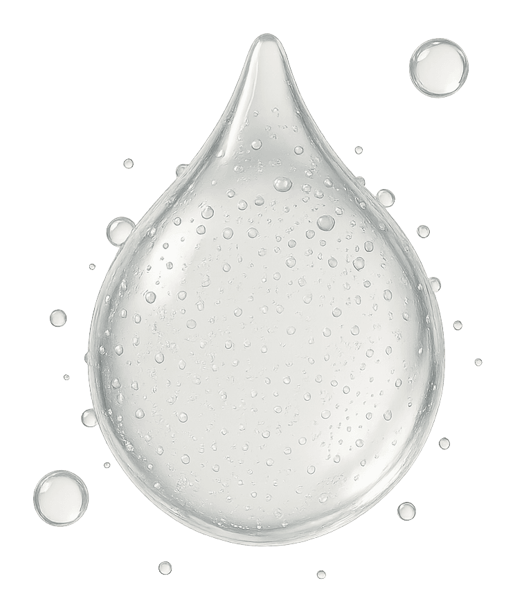 Ilustración de una gota humectante translúcida e incolora con pequeñas gotas de agua adheridas