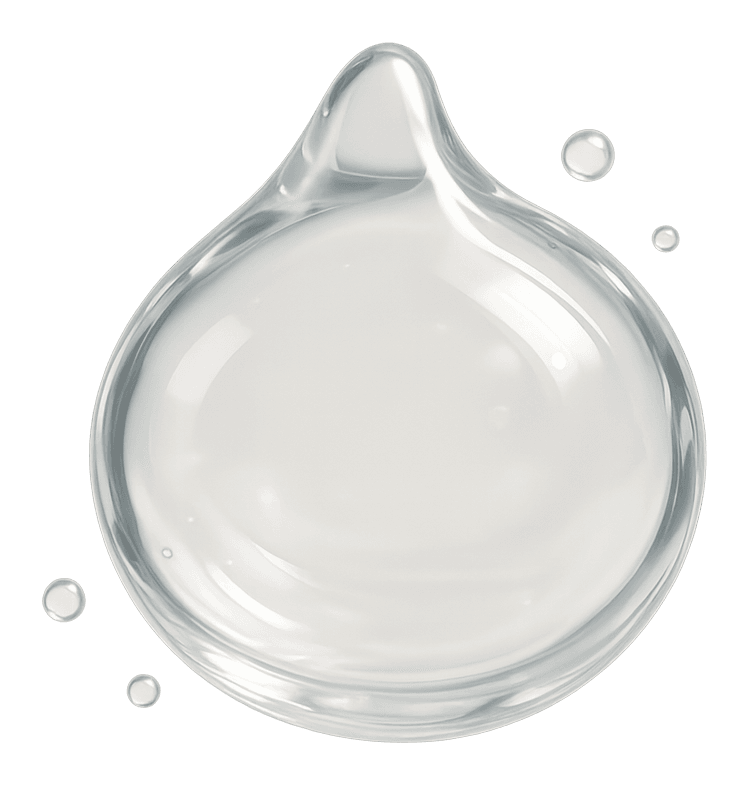 Ilustración de una gota de gel viscosa, translúcida e incolora, con superficie lisa tipo película