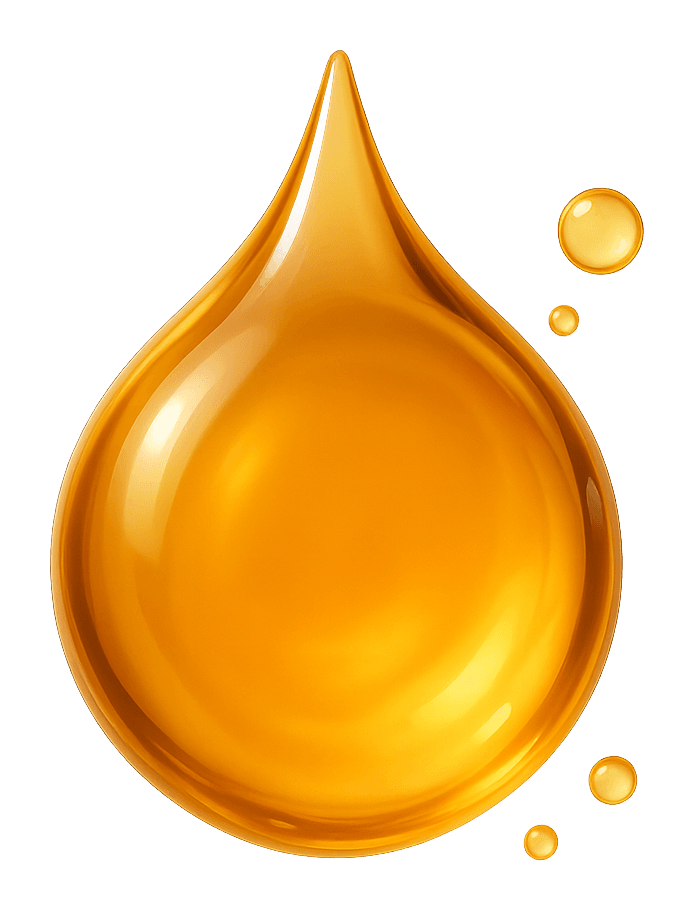 Ilustración de una gota de aceite viscosa y translúcida de tono ámbar dorado