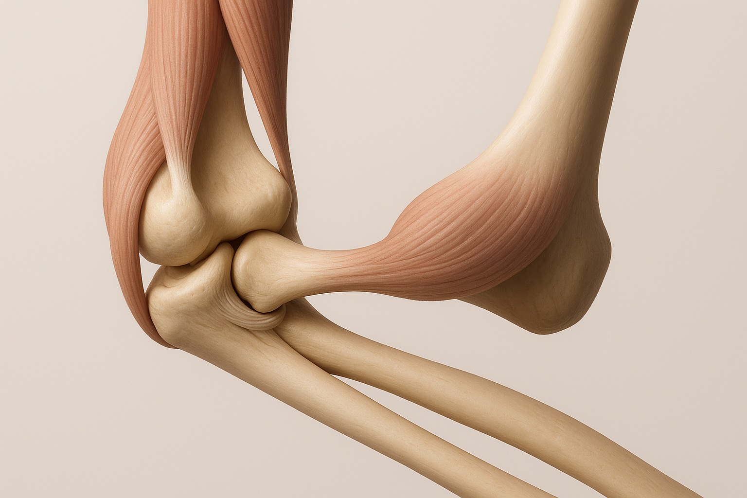Lámina anatómica del codo con húmero, radio, cúbito y ligamentos
