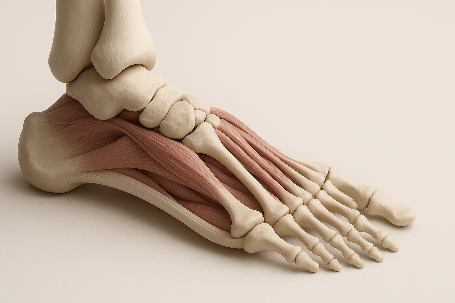 Lámina anatómica del pie con sus arcos y la fascia plantar