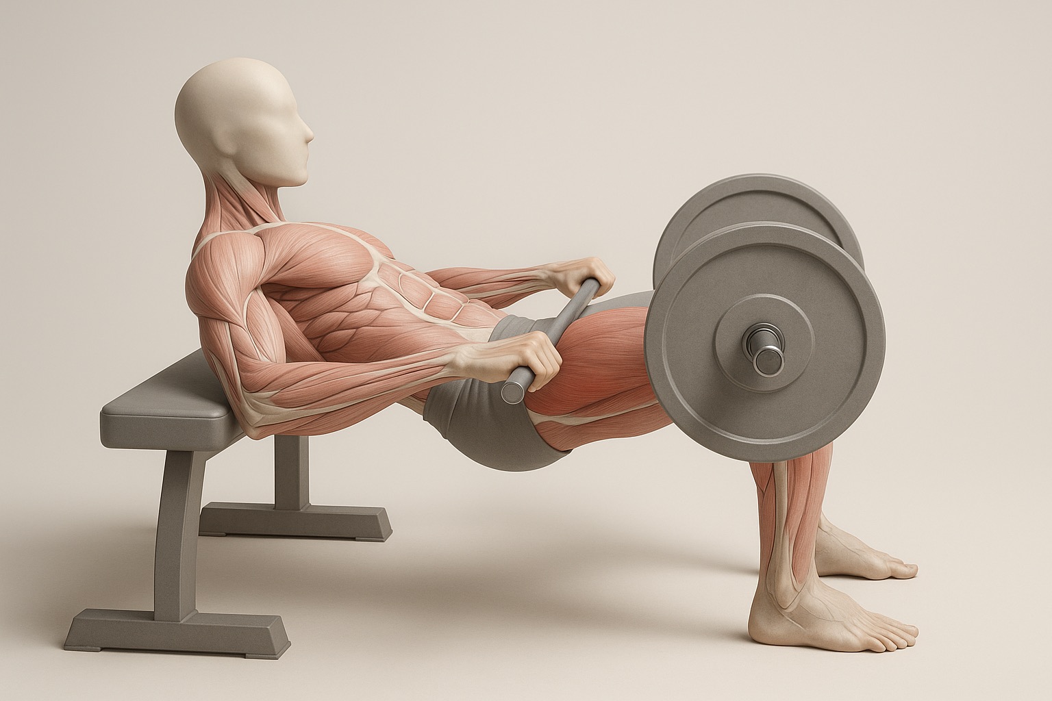 Lámina anatómica del hip thrust mostrando glúteo mayor e isquiotibiales