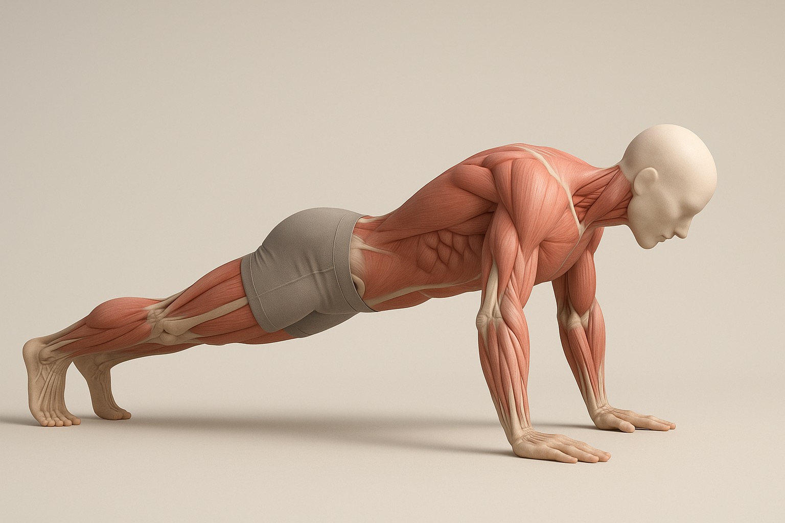 Lámina anatómica de la flexión de brazos con pectoral, deltoides y tríceps