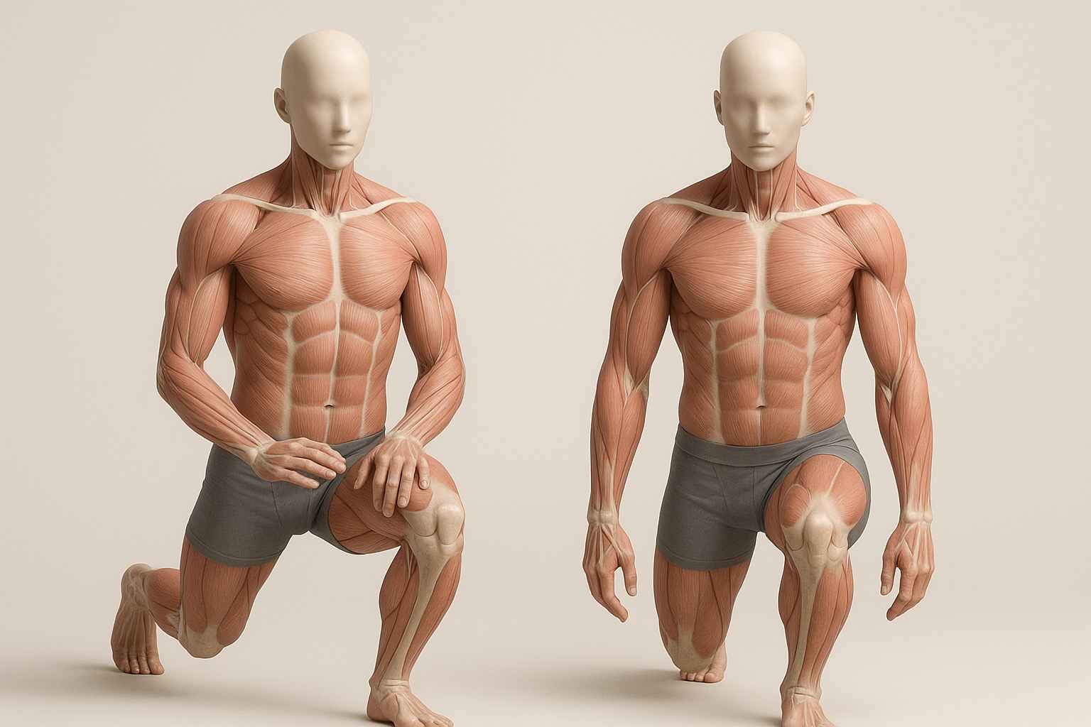 Comparación anatómica de rodilla alineada frente a rodilla que colapsa en la zancada