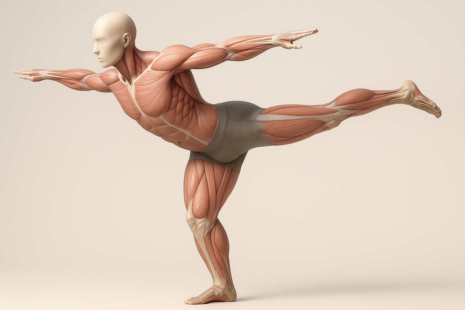 Modelo anatómico en equilibrio sobre una pierna con la musculatura estabilizadora visible