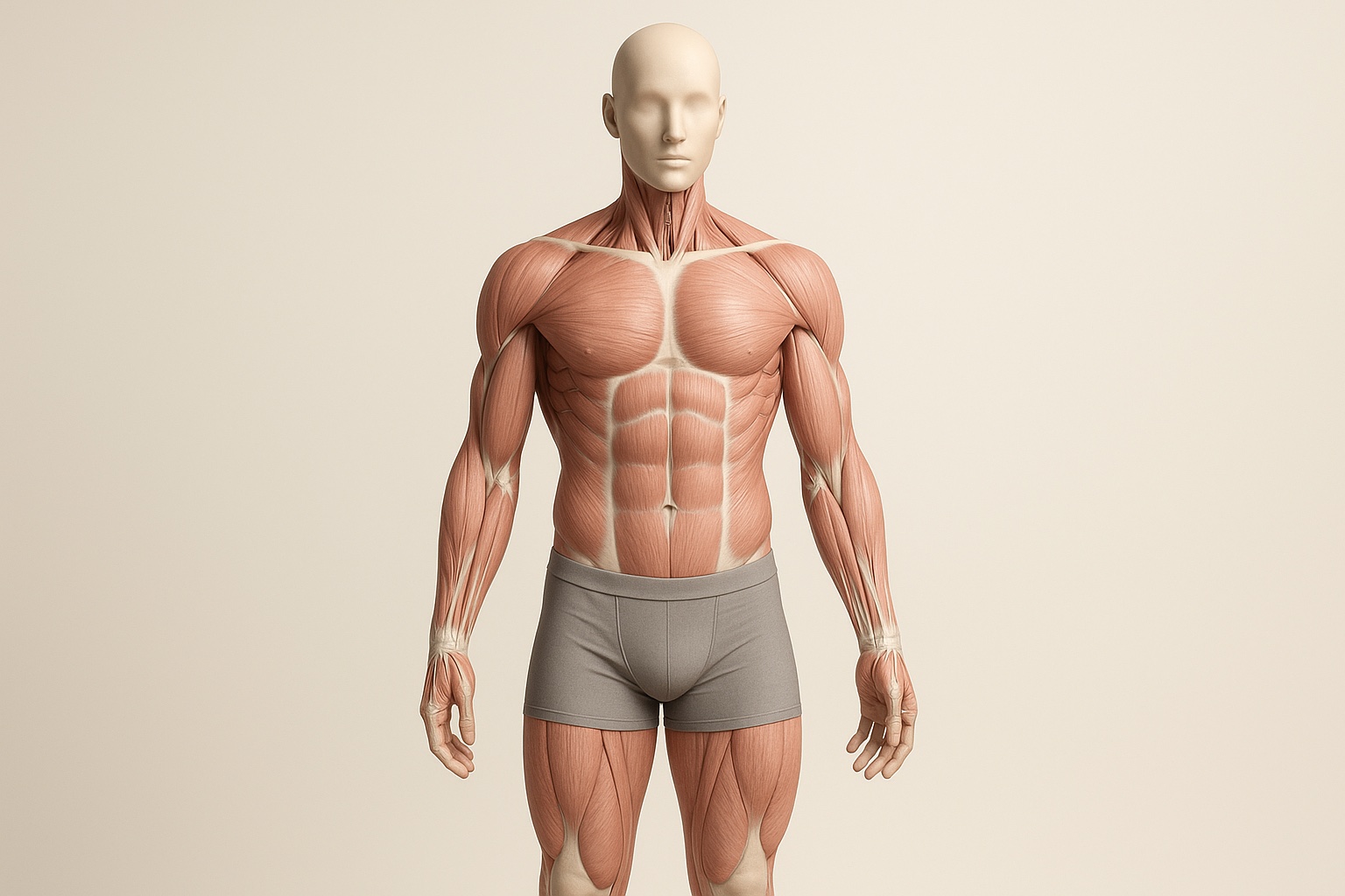 Estudio anatómico frontal de cuerpo completo en postura de reposo equilibrado, con la musculatura superficial visible