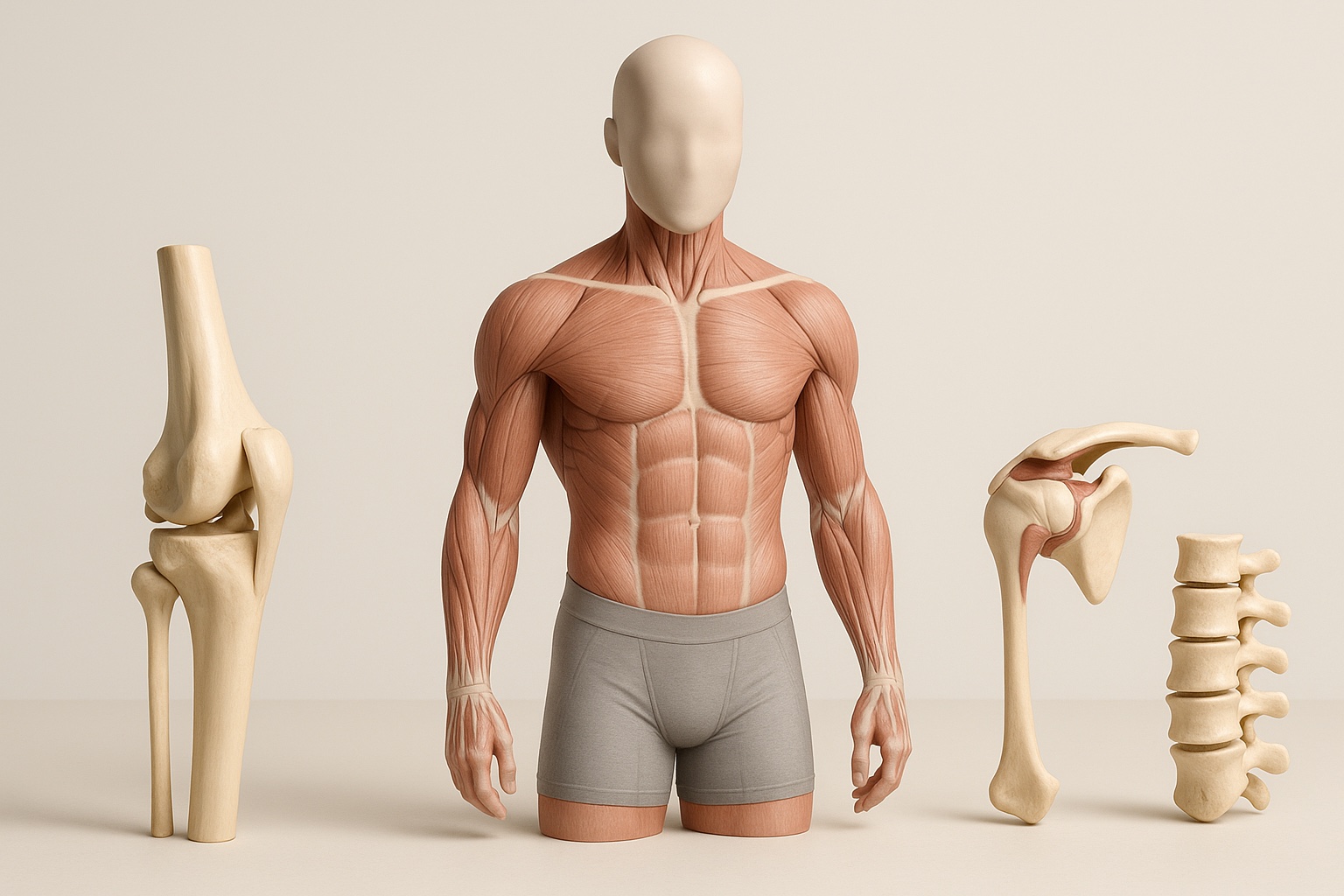 Composición de estudio con piezas anatómicas de referencia: articulación de rodilla, torso muscular, hombro y segmento de columna