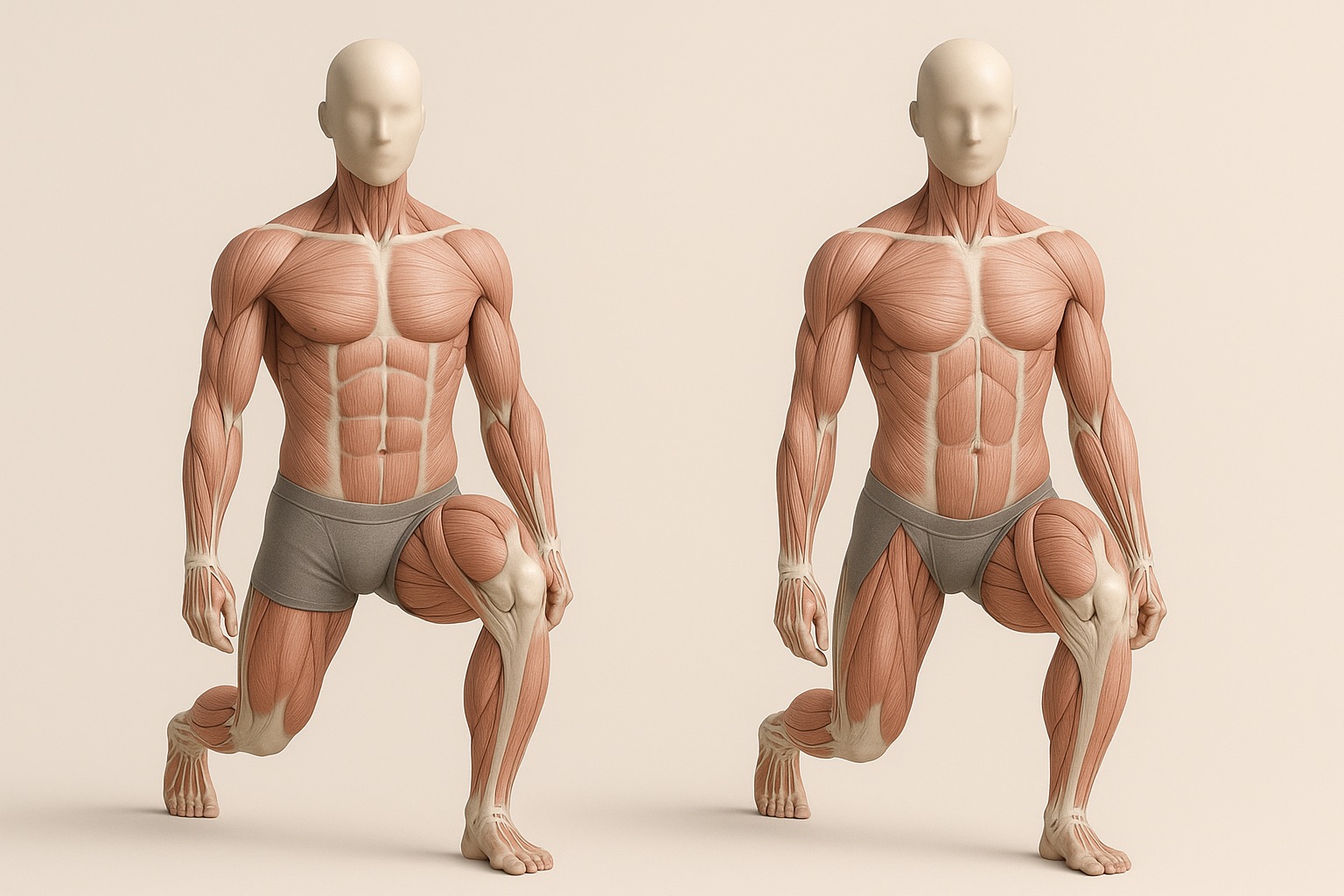 Dos modelos anatómicos en zancada comparando la alineación de la rodilla delantera