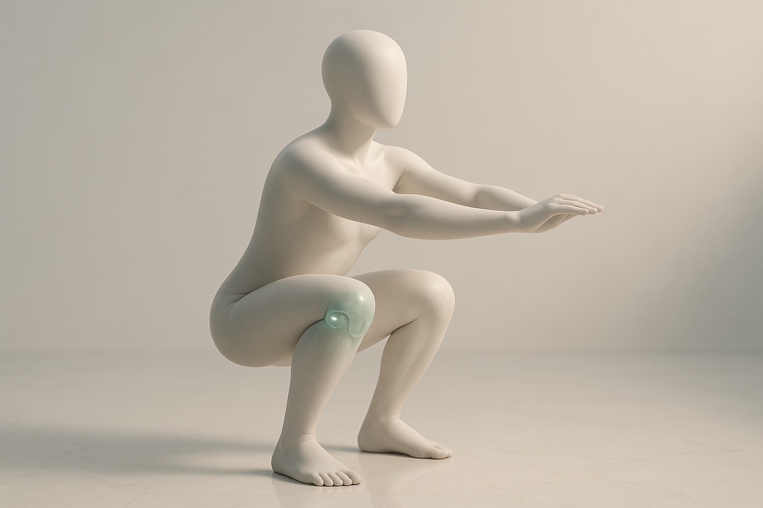 Figura escultórica en el punto bajo de una sentadilla, con la rodilla marcada en cristal verde
